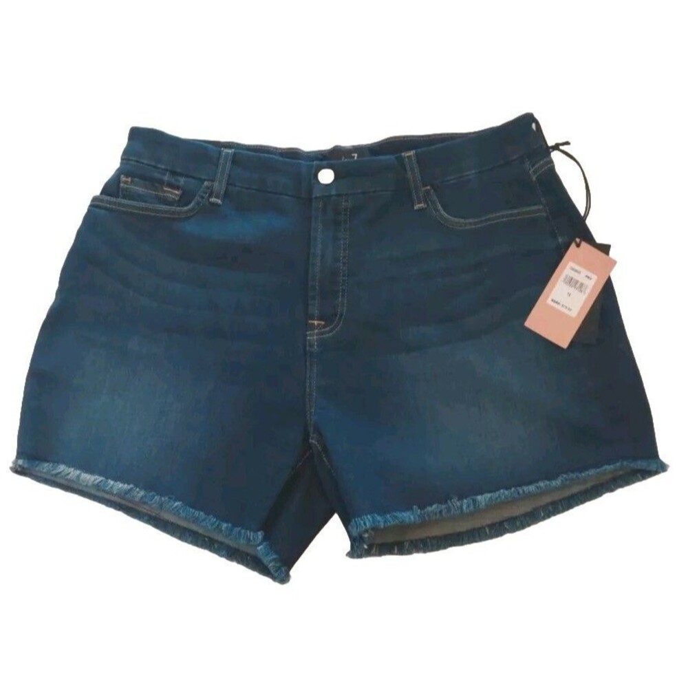 jen7 by 7 for all mankind Denim Blue Jean Shorts Raw Hem Sz 14 High-Rise Stretch